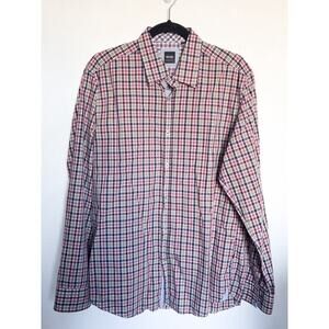 Hugo Boss Button Down Shirt Plaid Regular Fit Burgundy Red Navy Blue Office Work